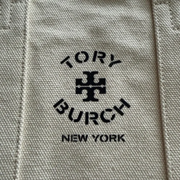 Tory Burch Cream & Navy Sturdy Canvas Tote w/ Navy Leather Handles - Picture 3 of 14
